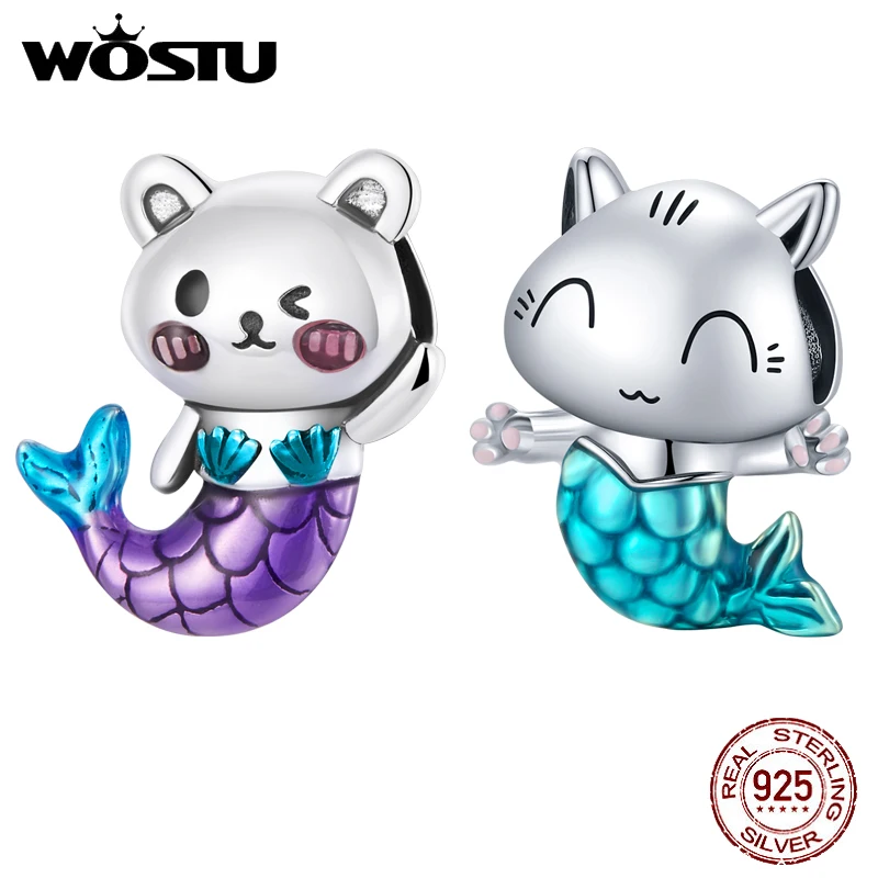 

WOSTU 925 Sterling Silver Mermaid Tail Bear Cat Charm Bead Pendant Fit Original Bracelet Necklace For Women Jewelry CQC2132