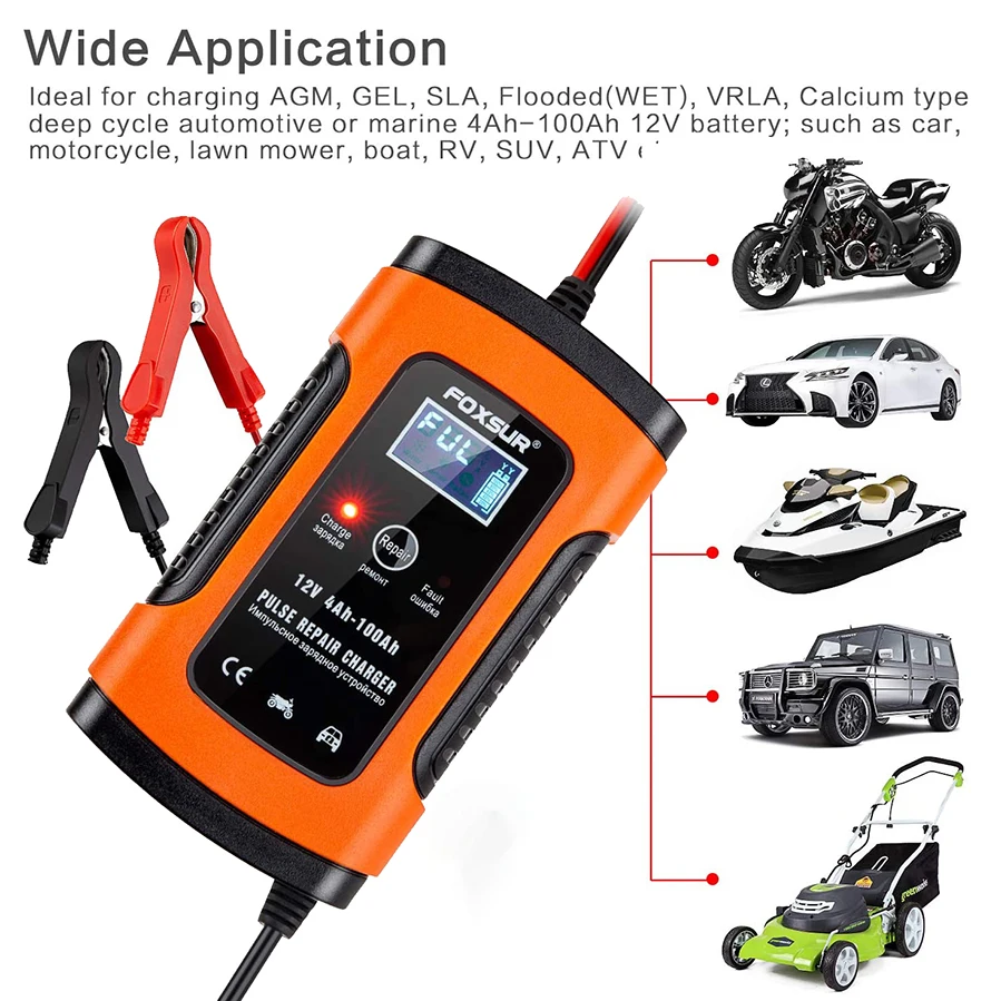 FOXSUR 12V 5A Multifunctional Battery Charger/Maintainer, Auto Pulse Desulfator for AGM Deep Cycle Gel EFB Lead Acid Batteries