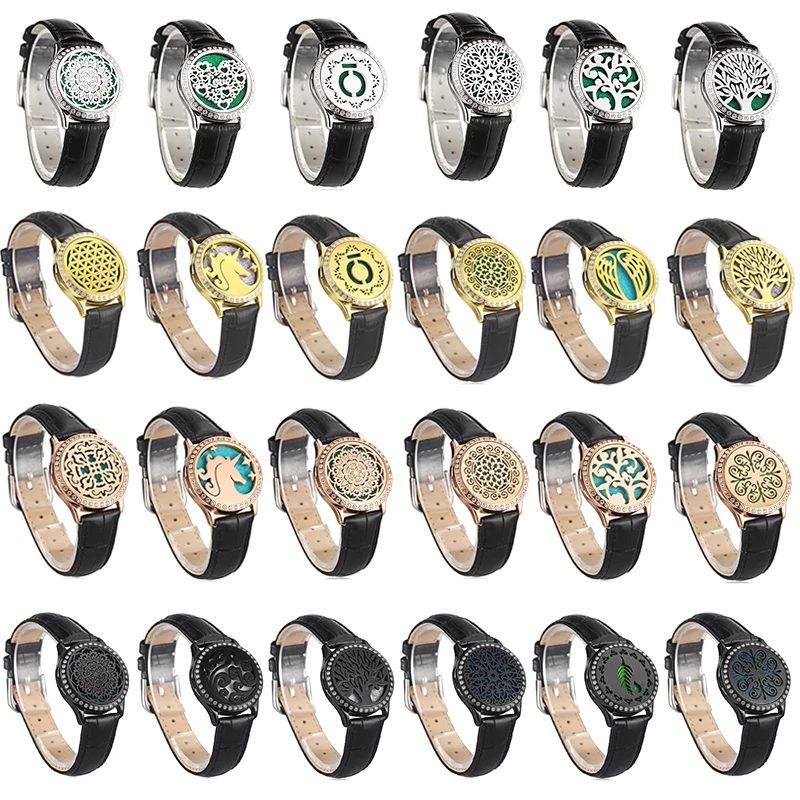 Black Genuine Leather Man Woman Crystal Aroma Locket Bracelet Stainless Steel Bangle Essential Oils Aromatherapy Locket Bracelet