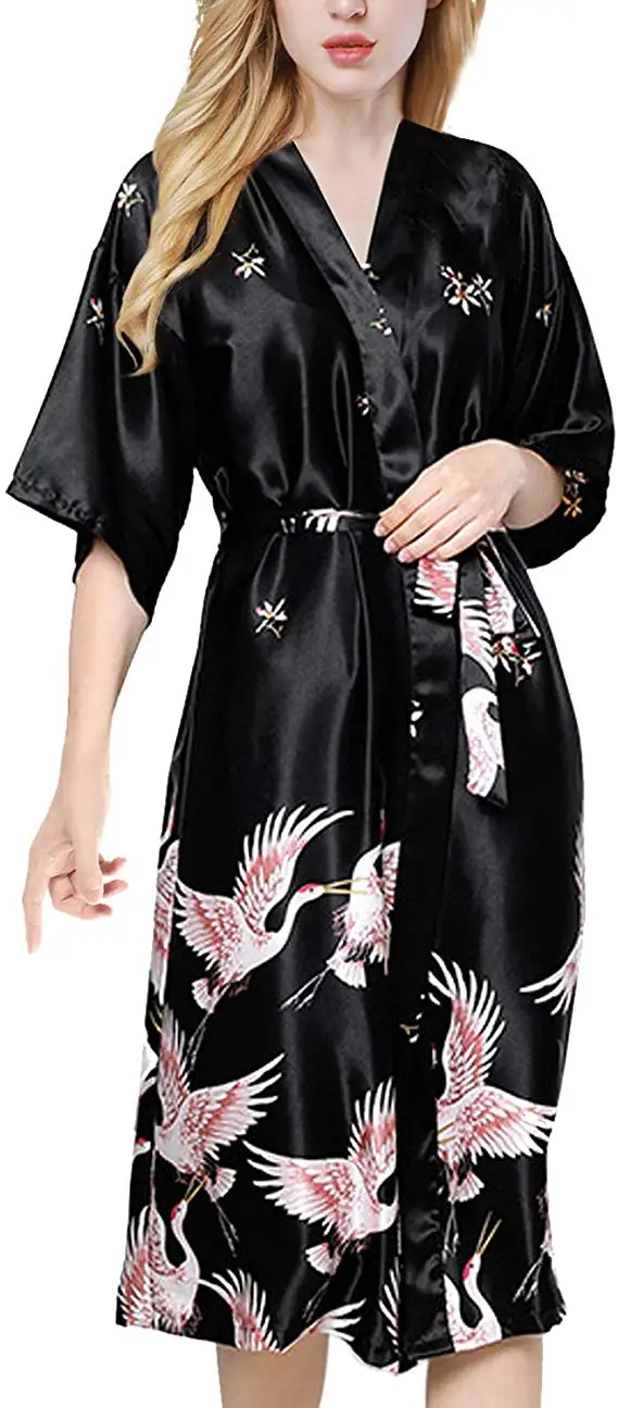 Albornoz Kimono de satén negro para mujer, bata de boda para dama de honor, vestido Sexy de flores, ropa de dormir larga, M-3XL de verano, gran