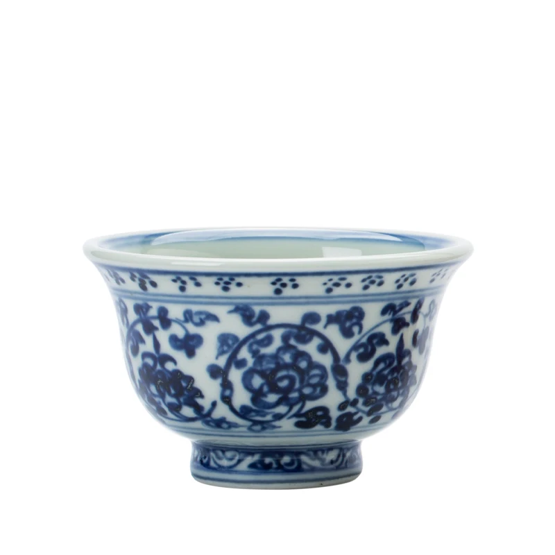 Antique Hand Painted Yongle Blue And White Underglaze Red Tangled Lotus Hand Cup Kungfu Tea Cup Single Cup Master Cup Chinese