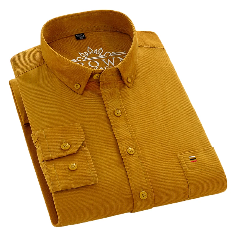 Aoliwen Brand Casual Men Corduroy Shirt Pure Cotton Long Sleeve yellow Thick Winter Regular Fit New Model Male Button Down Shirt