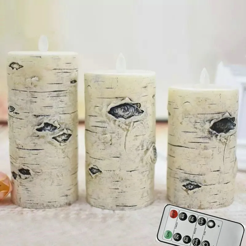 

set of 3 Remote controlled Battery operated Dancing Swinging wick LED Candle Paraffin Wax Birch bark Pillar candles Moving flame