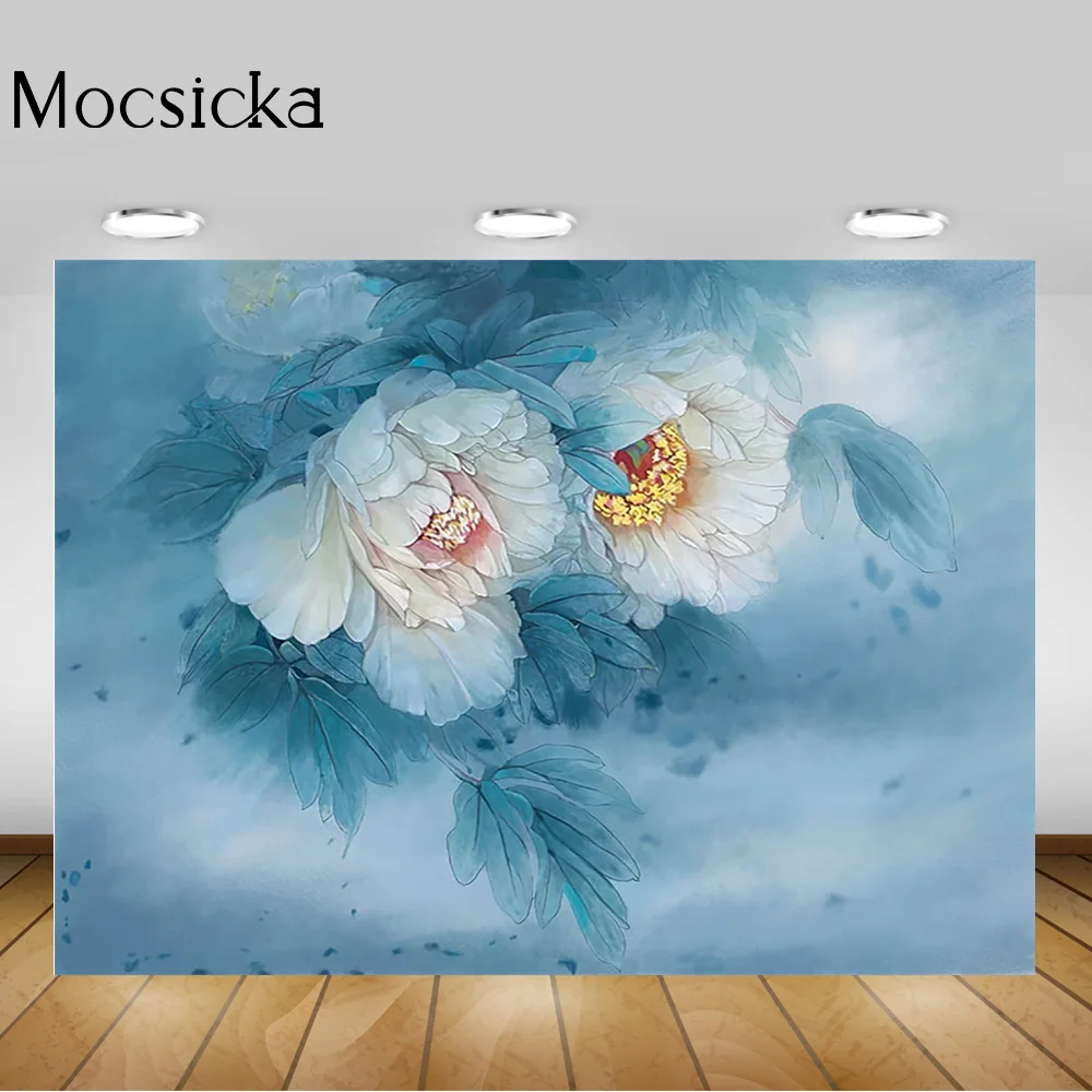 

Peony Hand Painted Painting Portrait Photography Backdrop for Photo Studio Blue Floral Newborn Birthday Art Background Photocall