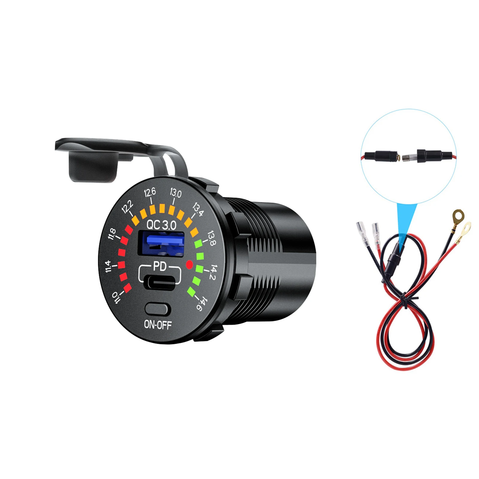 Waterproof 12V Quick Charge QC3.0 USB 18W Type C PD Car Charger with LED Voltmeter ON OFF Switch for SUV Motorcycle Marine Boat