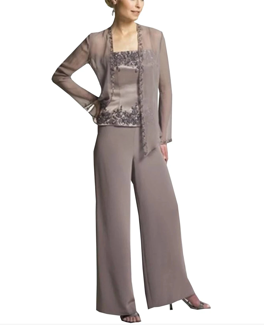 

With Jacket Mother Of The Bride Dresses Sheath Chiffon Appliques Pants Suit Long Groom Mother Dresses For Weddings