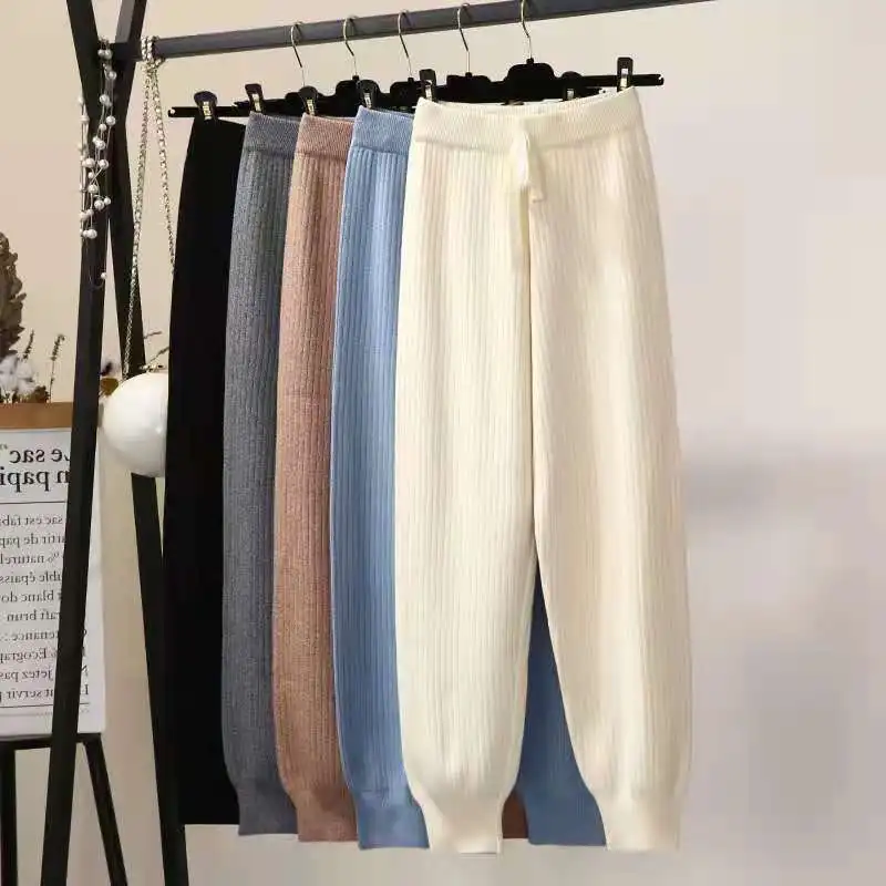 

Loose women elastic waist pull rope pants thick knit Hareem pants autumn / winter sweatpants sweater carrot knit pants