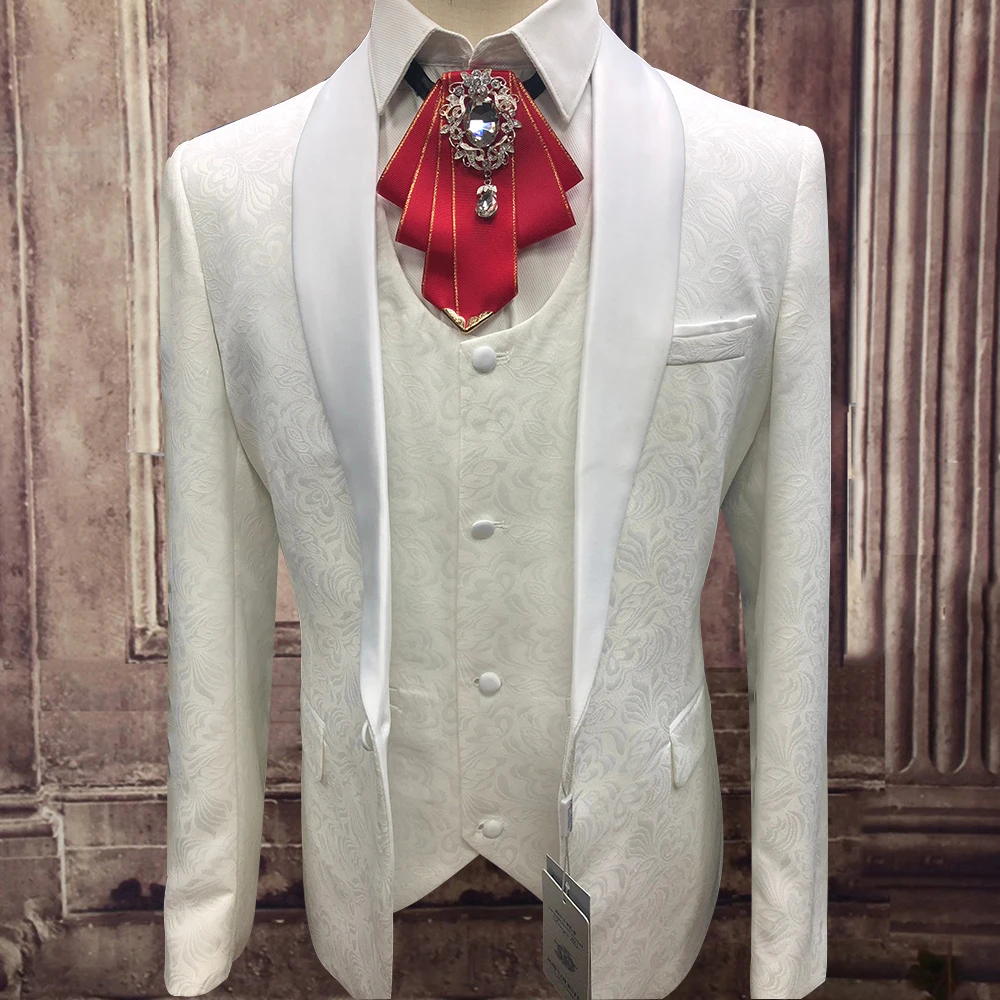 

New Arrivals Three Piece Set Jacquard Fabric Costume Homme White Pants Popular Silm Fit Wedding Dress Shawl Lapel Prom Men Suit