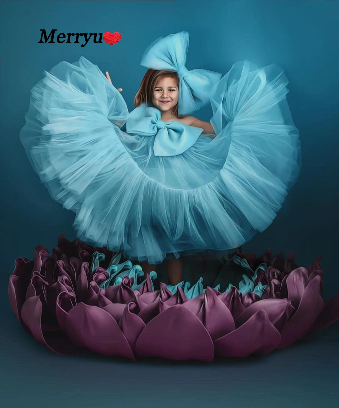 Vestidos de menina flor azul de um ombro, camada inchada, arco grande, primeira comunhão, vestido de festa infantil, bebê