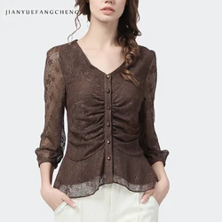 100% Nylon Sexy Hollow Out Women Lace Tops Summer New Fashion Slim V-Neck Seven Sleeves Shirts Elegant Vintage Floral Brown Top