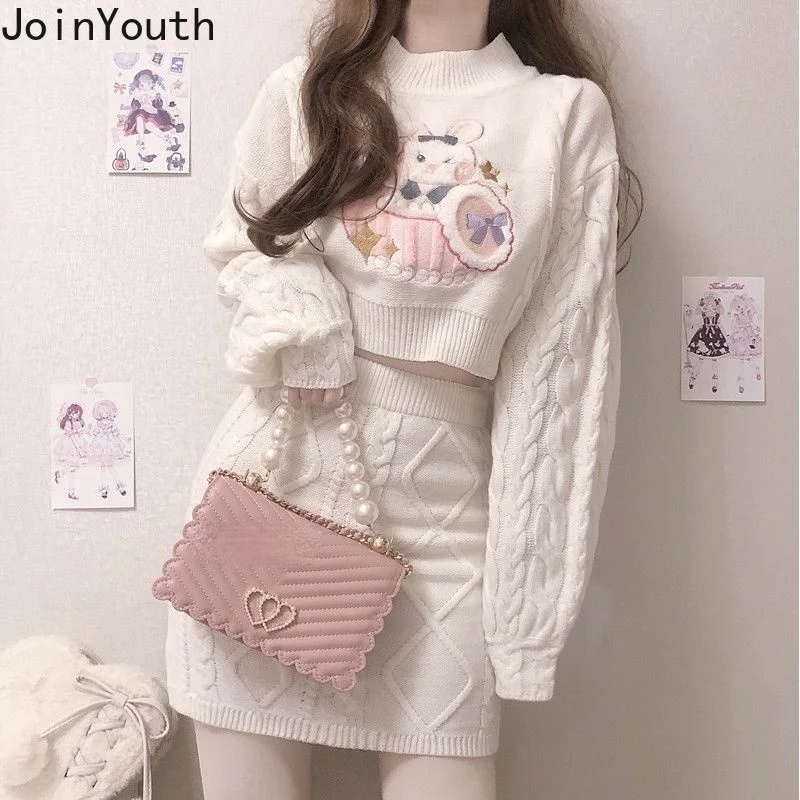 Joinyouth-Conjunto de dos piezas de moda japonesa para Mujer, jerséis recortados acanalados, minifalda ajustada, Ropa de punto, 2 piezas