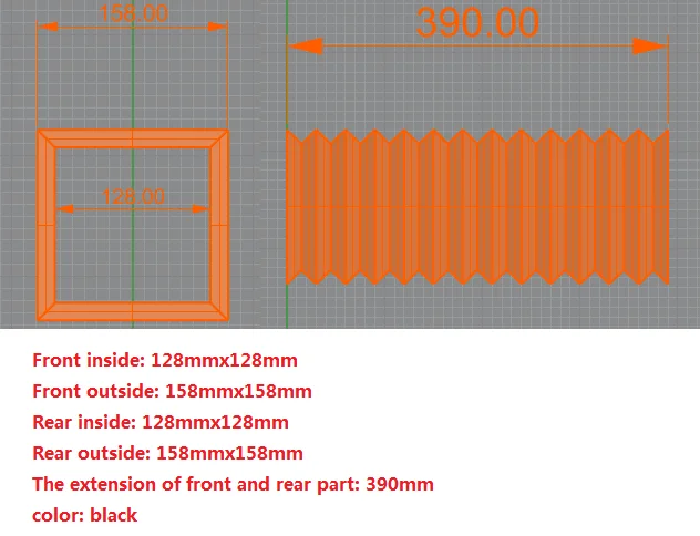 Square type accordion telescopic cover bellows, inner: 128 mmx128 mm, outer: 158 mmx158 mm, Lmax  390 mm