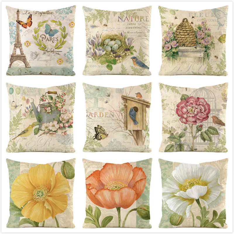 

Nostalgic Retro Style Cushion Cover Living Room Office Decorative Pillow Cover for Chair Couch Plant Flowers Printed Pillowcases