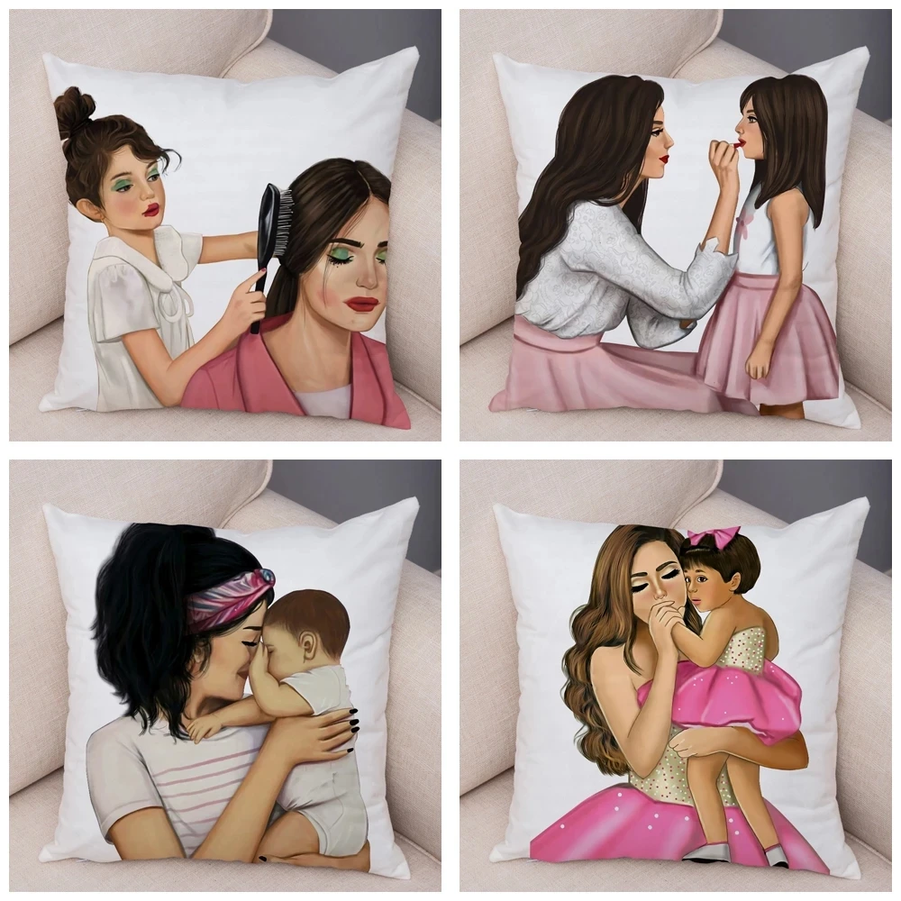 45*45CM Super Mom and Baby Pillow Case Vogue Cartoon Cushion Cover for Sofa Home Car Soft Plush Decor Mama Children Pillowcase