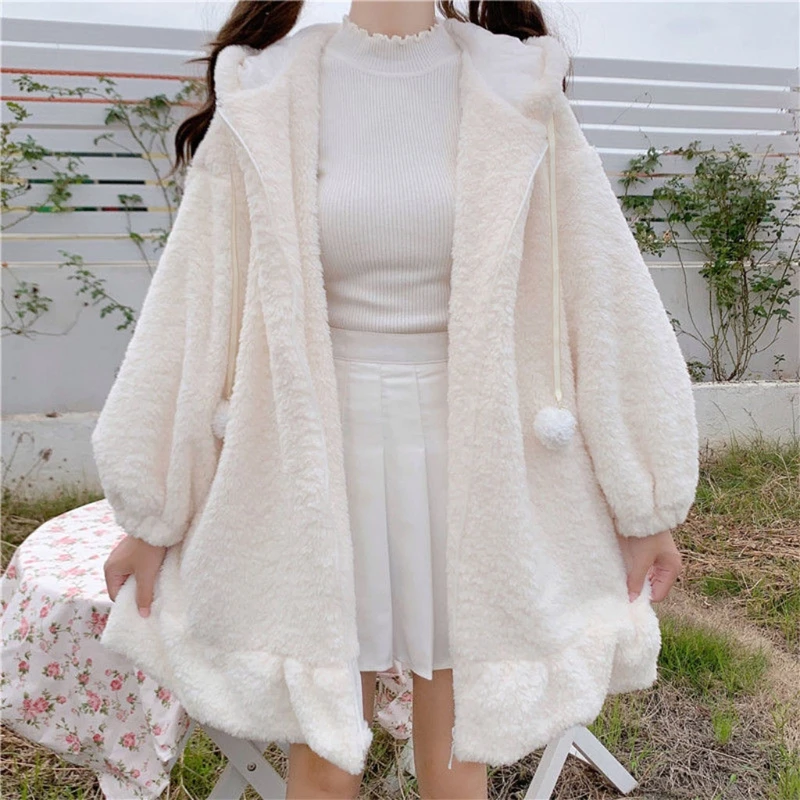 

Japanese Women Autumn Winter Jacket 2021 Girls Sweet Kawaii Soft Bunny Ears Zip Up Cardigan Coat Fuzzy Plush Hooded Warm Outwear