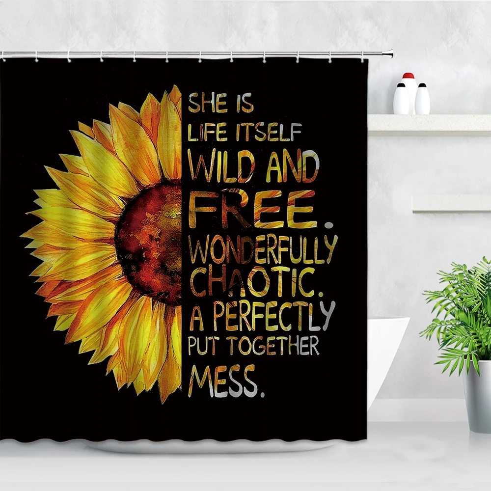 Floral Butterfly Shower Curtains 3D Yellow Flower Black Background Print Modern Home Decor Waterproof Cloth Bathroom Curtain Set