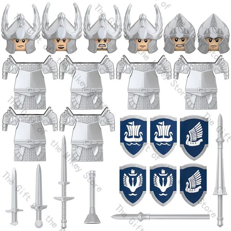 One Set Medieval Time Gondor Swan Knight Soldier Figures Building Blocks Accessories Armor Shield Weapon Toys For Kids KT1051