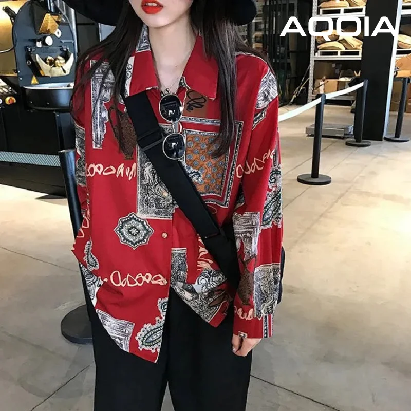 2022 Spring Street Style Oversize Women\'s Shirt print Loose Ladies Blouse Long Sleeve Red Ladies Button Up Female Clothing