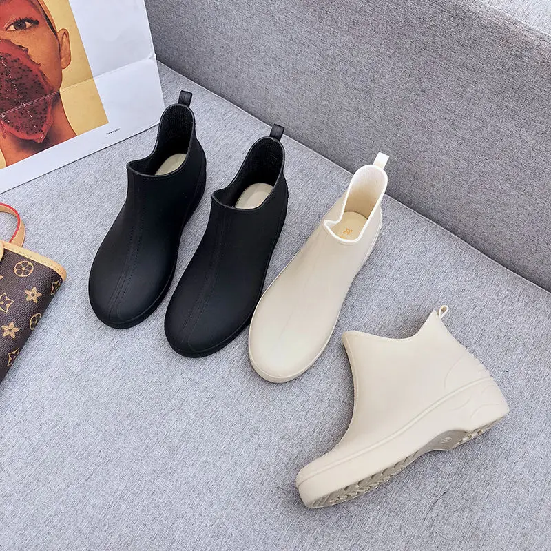 Japan Fashion Woman Ankle Rain Boots,House Wives Mark Shopping Platform Water Shoes,Rubber Galoshes,Non-slip,Slip On,Black,Beige