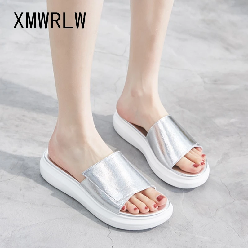 

XMWRLW Women Flat Slippers Beach Shoes Casual Split Leather Ladies Slippers 2020 Summer Solid Color Woman Summer Slipper Shoes