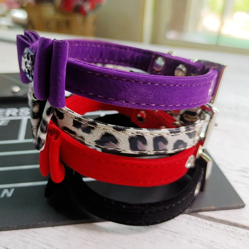 Puppy Pet Dog Tie Collar Adjustable S L Rhinestone Leopard Bows  Kitten Necklace Stock On Sale Cat Lovely Chihuahua Accessory