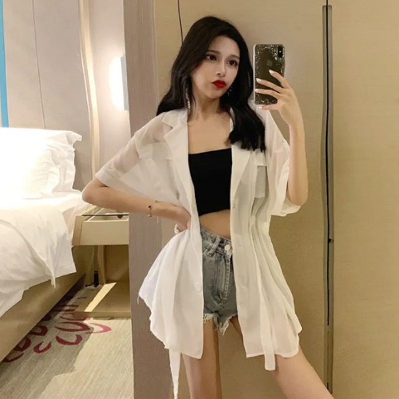 Mùa Xuân Năm 2021 Cổ Gập Tay Dài Túi Áo Nữ Slim Eo Phối Ren Chắc Chắn Blusas Văn Phòng Áo Cardigan Nữ Dài áo Sơ Mi