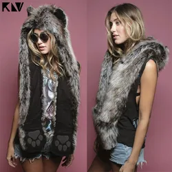 3 In 1 Women Men Fluffy Plush Animal Wolf Leopard Hood Scarf Hat with Paws Mittens Gloves Thicken Winter Warm Earflap Bomber Cap