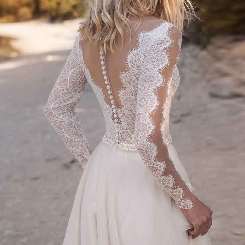 Abito da spiaggia da sposa da spiaggia bohémien perle una linea maniche lunghe aderenti Plus Size abito da sposa in Tulle trasparente con cerniera Robe De Mariée