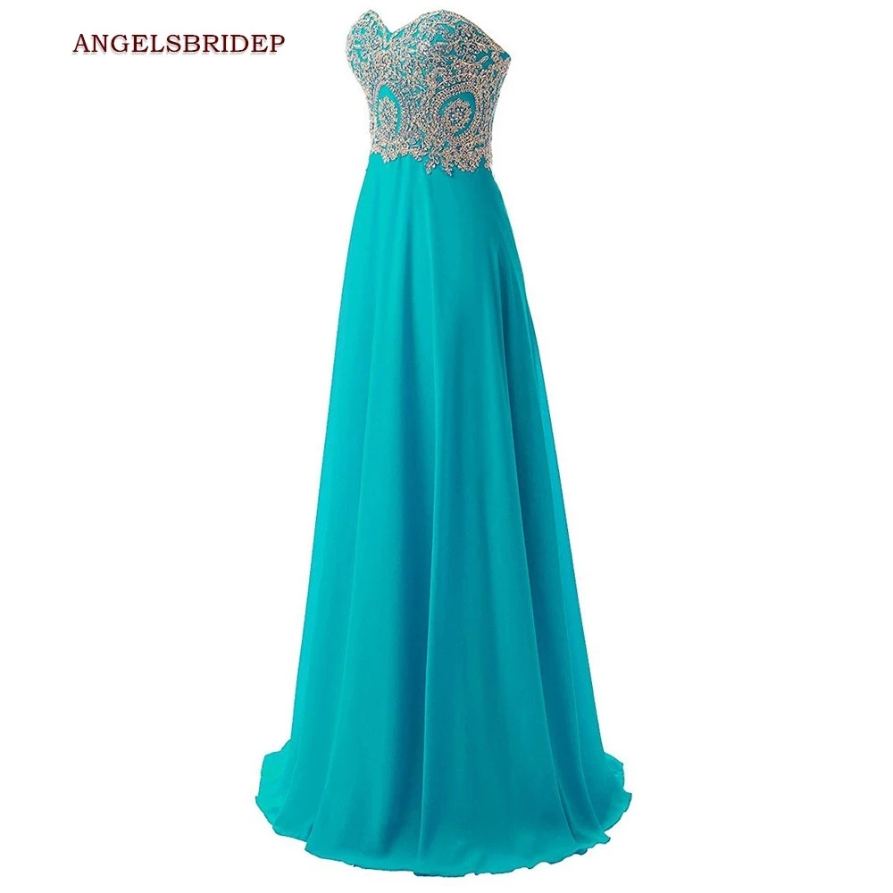 Angelsbridep Sweetheart Lange Avond Partij Jassen Gold Applique Floor Chiffon Vestidos De Festa A-lijn Prom Jurken Hot