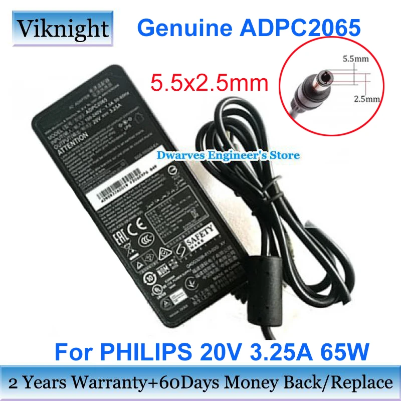 Genuine 65W ADPC2065 AC Adapter 20V 3.25A for PHILIPS Monitor Charger 278E8Q 276E8F 278M6F 272M7C 279X6Q 278E1 5.5x2.5mm