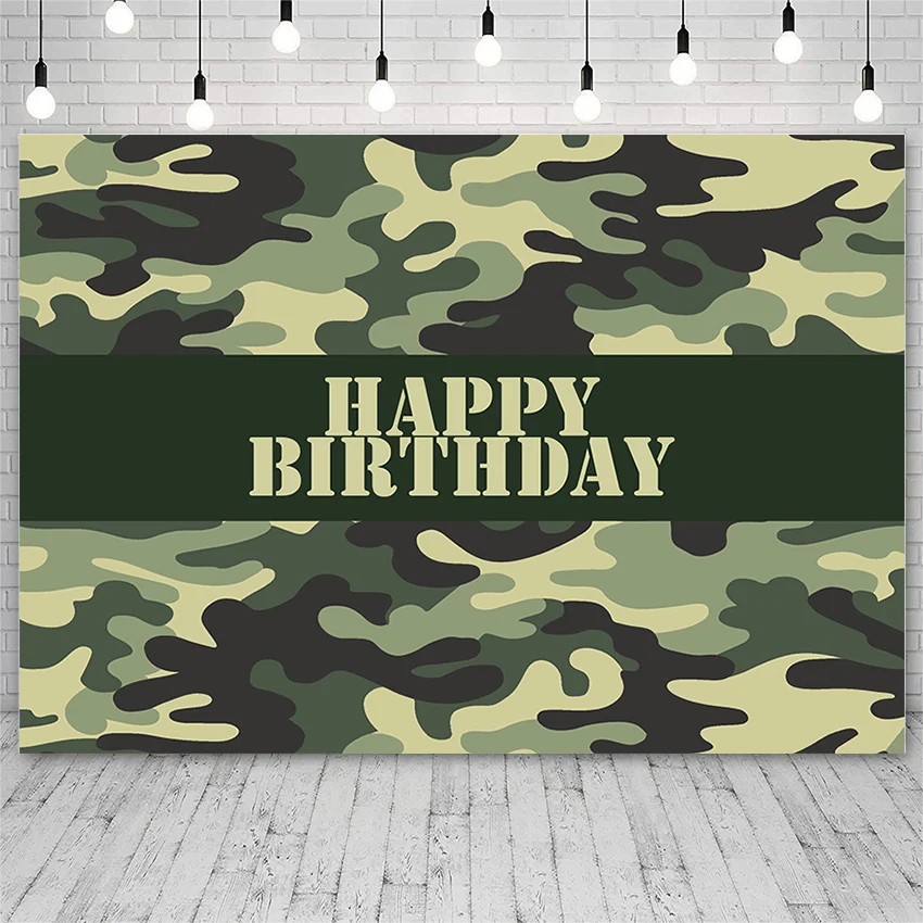 

Avezano Backdrop Happy Birthday Party Green Camouflage Pattern Decoration Kids Photography Background For Photo Studio