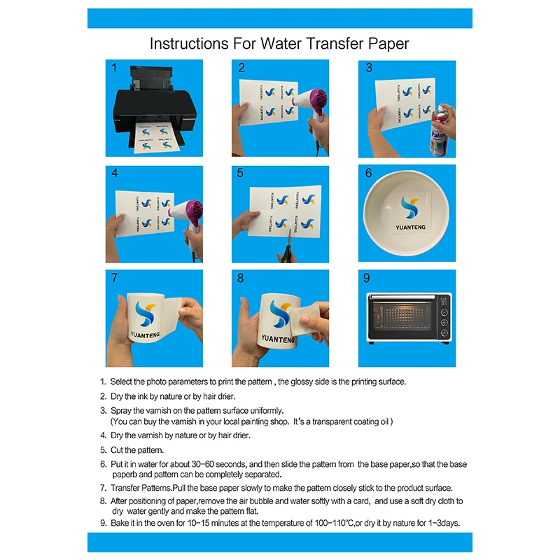 Papier autocollant transparent pour imprimante laser, décalcomanie à glissière d'eau, fond bleu, transparent pour les tasses standardisées, A4 x 10 feuilles