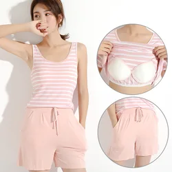 Summer Styles Sleepwear Set New Sleeveless Shorts Sexy Pajama Set Cute Women's Home Wear Striped Pyjamas With Chest Pad