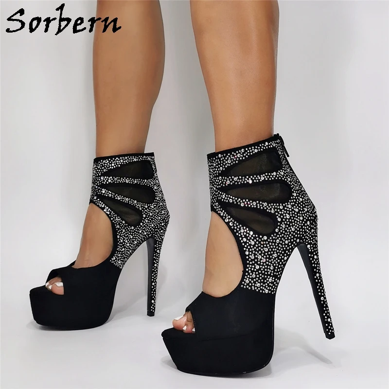 

Sorbern Black Women Sandals Crystals Sparked High Heel Stilettos Platform Summer Shoes For Ladies Hollow Out Open Toe Sandels