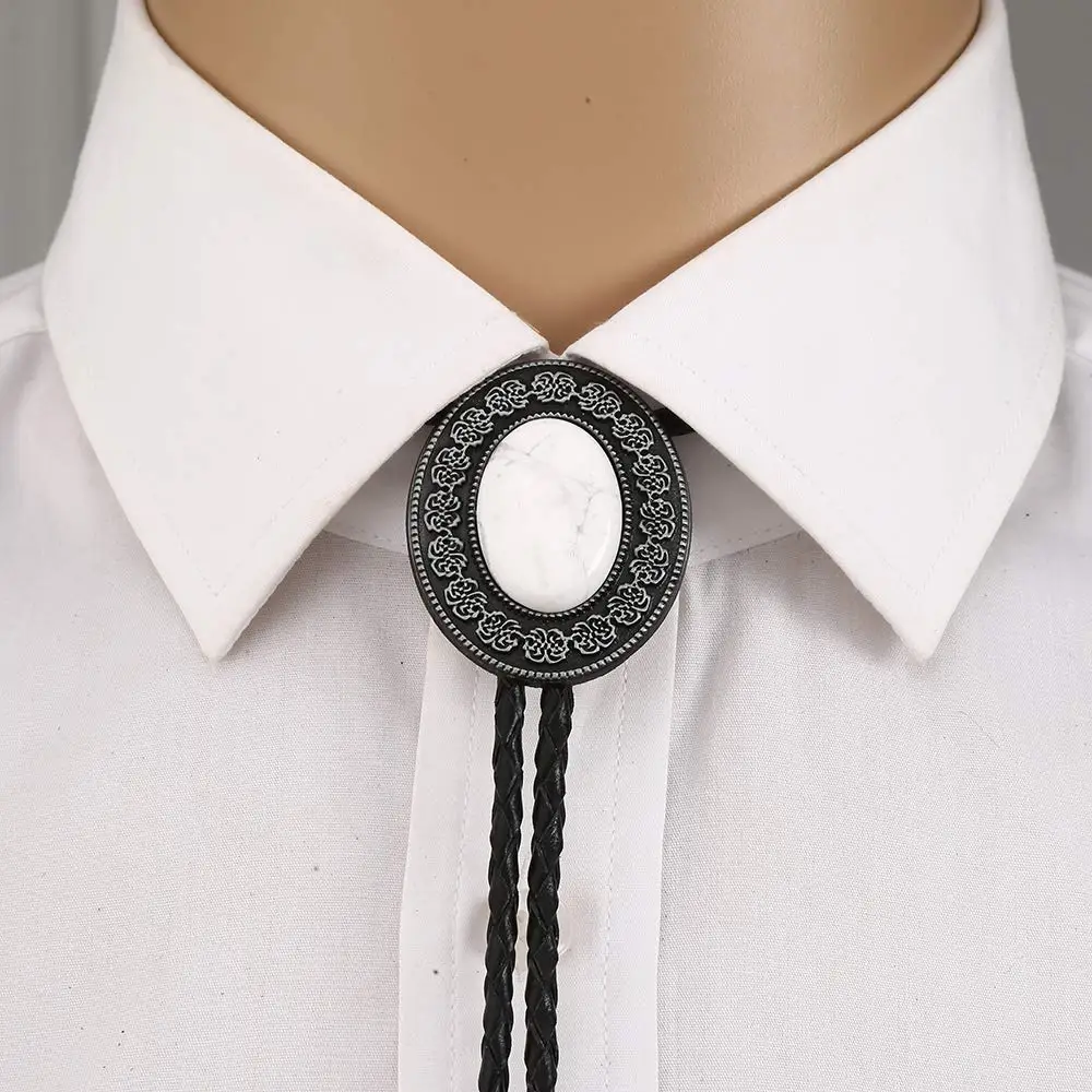 Nature stone howlite silver flower bolo tie for man cowboy western cowgirl leather rope zinc alloy necktie