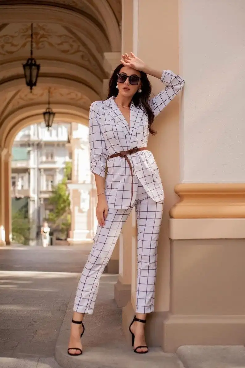 Costume veste à carreaux pour femmes, costume pantalon de mariée à manches longues, col en V, robe de soirée de bal, à la mode