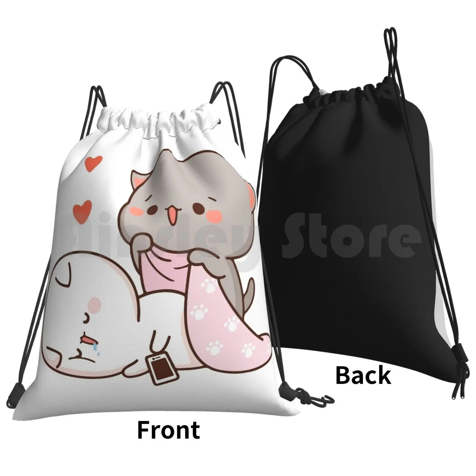 Peach And Goma Mochi Cat Drooling Backpack Drawstring Bag Riding Climbing Gym Bag Peach Cat Goma Mochi Cat Kitty Cute