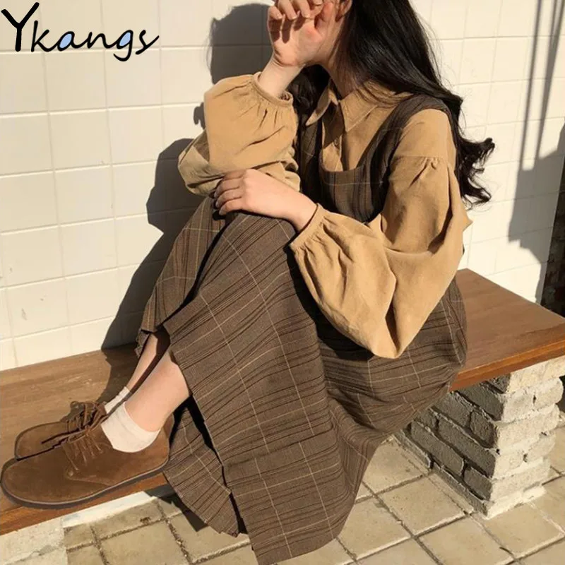 

Women Autumn 2PCS Set Vintage Korean High Waist Plaid Preppy Style Brace Strap A-Line Pleated Dress Puff Sleeve Top Blouse Shirt