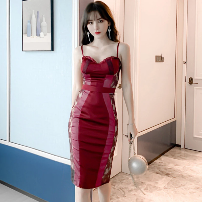 new arrival fashion korean style night club party dress women elegant summer sexy strap temperament OL lace red pencil dress