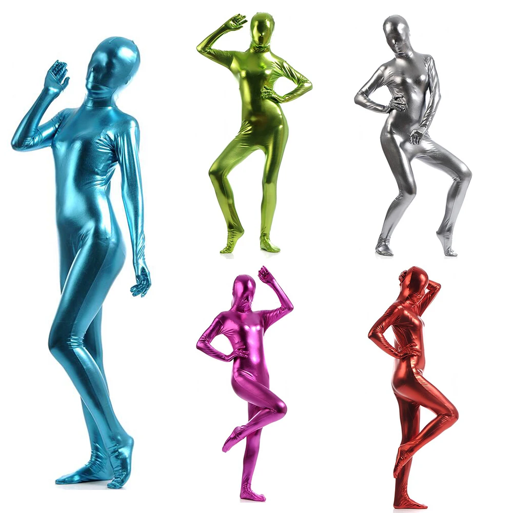 La tuta di spedizione gratuita metallic Shiny Pink Catsuits Unitard da donna con cerniera con piedi metallici Zentai body può personalizzare