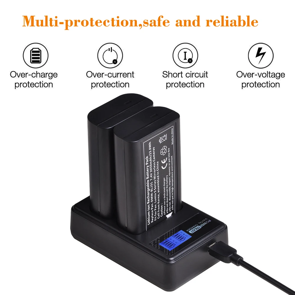 2x 7.4V 3050mAh DMW-BLJ31 DMWBLJ31 BLJ31 Battery + LCD USB Dual Charger for Panasonic LUMIX S1, S1R,S1H, LUMIX S Series Camera