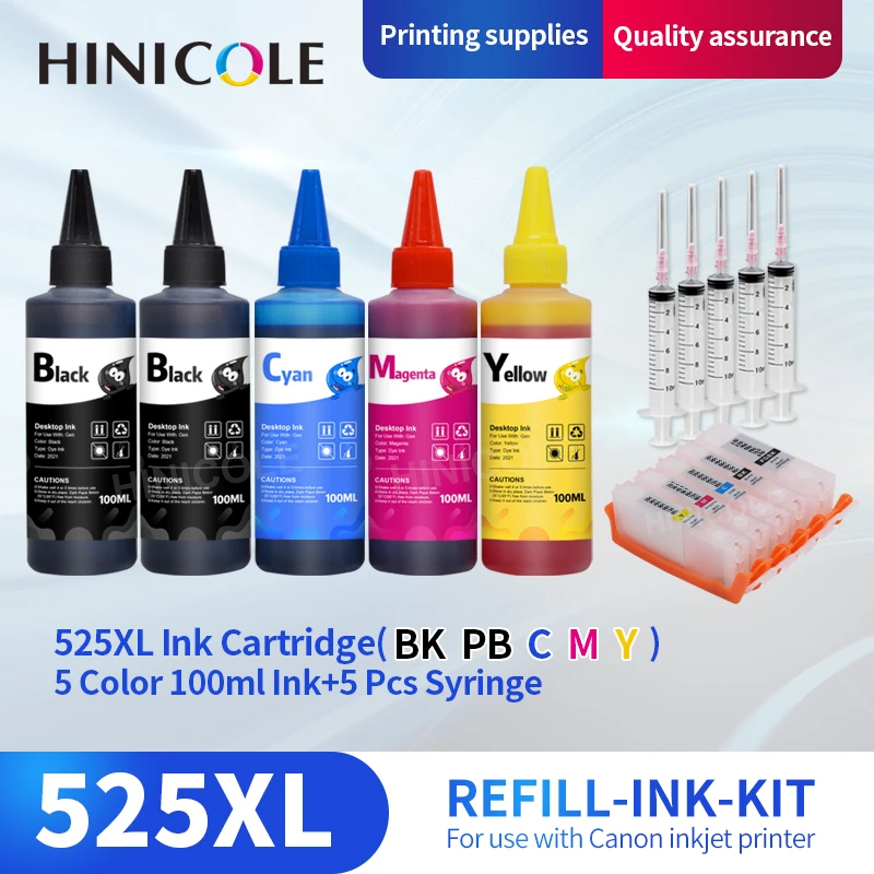 HINICOLE Bottle Ink + Refillable Ink Cartridge for Canon  PGI 525 CLI 526 PIXMA IP4850 IP4950 IX6550 MG5150 MG5250 MG5350 MX715