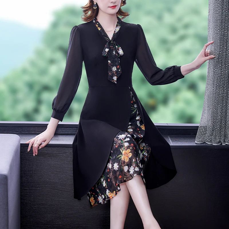 Spring Autumn Korean Vintage Office Lady Dresses 2024 Women Back Hepburn Casual Floral Midi Dress Elegant Bodycon Party Vestidos