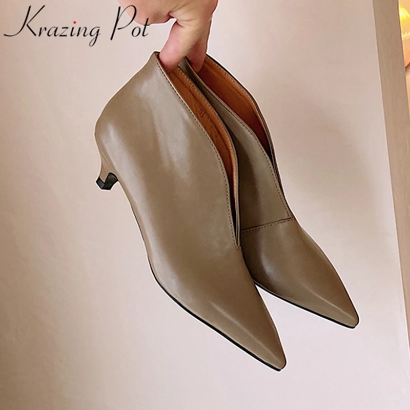 

Krazing Pot Superstar Cow Leather Slip on Autumn Spring Shoes Med Heel Dress Fashion Elegant Office Lady Women Ankle Boots L71