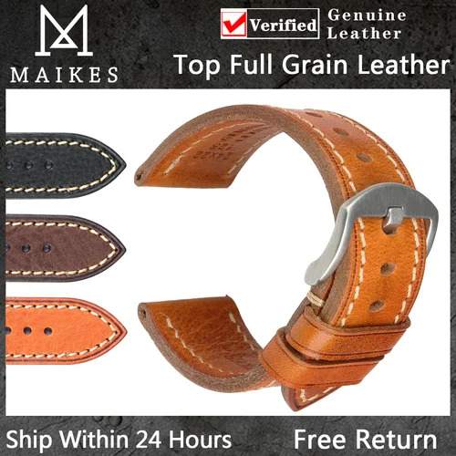Imagen 1 del producto MAIKES-Correa de cuero de vaca de grano completo para hombre, pulsera de reloj Vintage, accesorios hechos a mano para reloj Omega Hamilton