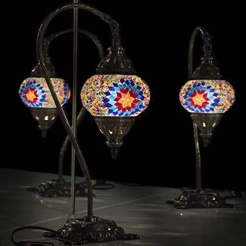 Turkish Lamp, Tiffany Lamp 2021 Mosaic Stained Glass Boho Moroccan Lantern Table Lamp, swan Neck Handmade Desk Lighting Night At