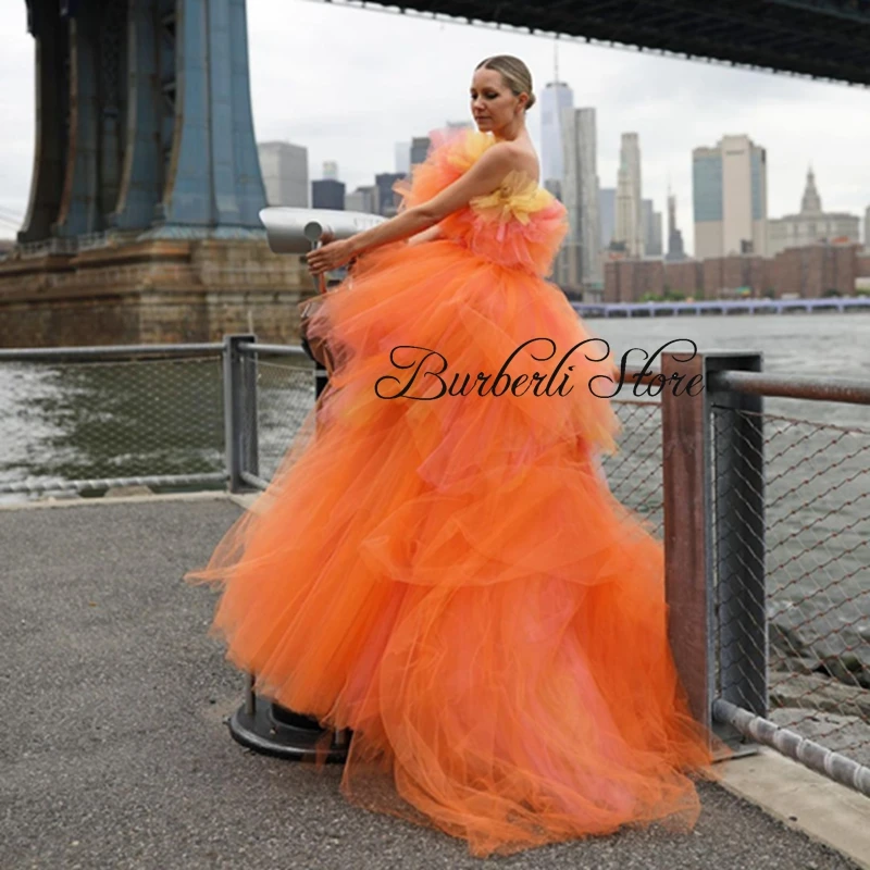 Trendy Mix Color High Low Tulle Prom Gowns Pretty Strapless Ruffles Long Formal Party Dress Very Fluffy Mesh Prom Dresses