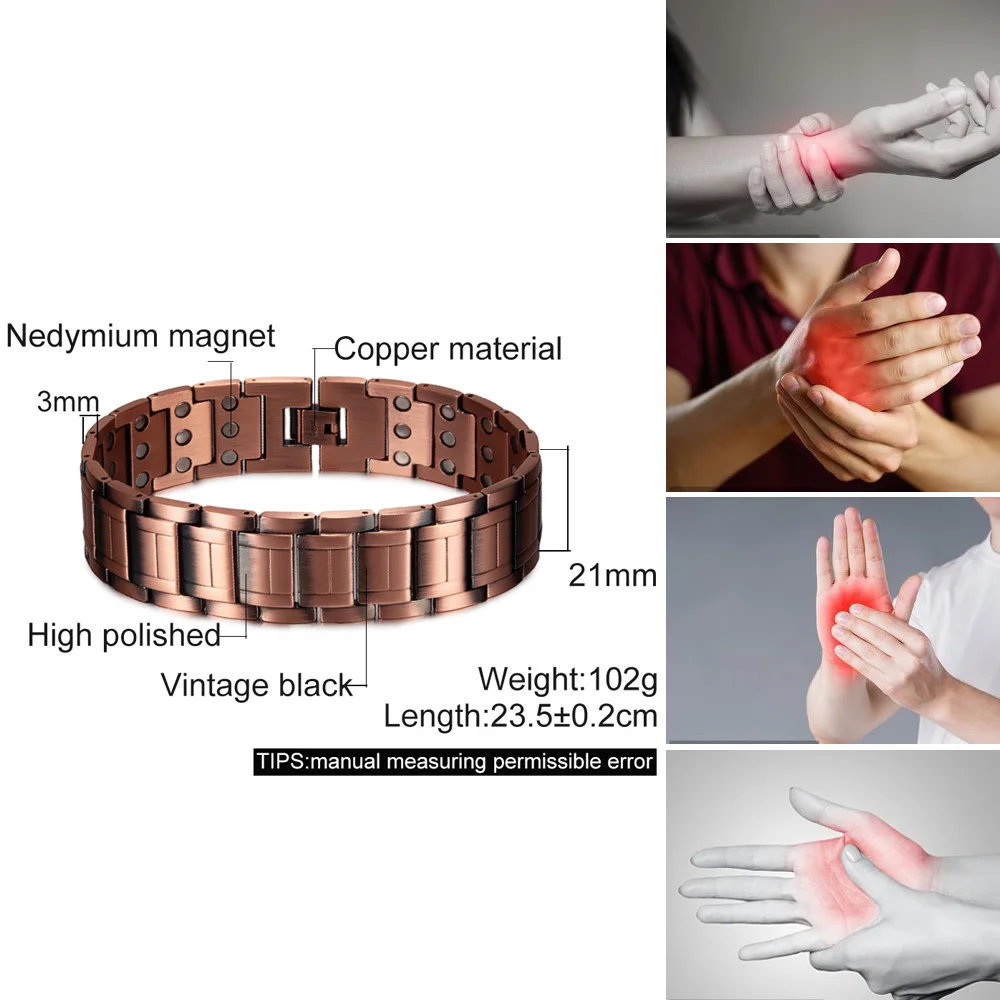 Wristband Magnetic Pure Copper Bracelets Male 21mm Wide Chain High Magnet Arthritis Pain Relief Health Energy Jewelry for Men