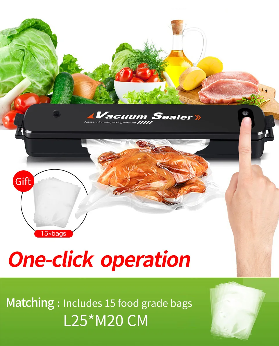 Food Vacuum Sealer Vacuum Bag Sealing Machine Electric Vaccum Pouch Packaging Machine Fish Fruit Meat Packer With 15pc Bags Free