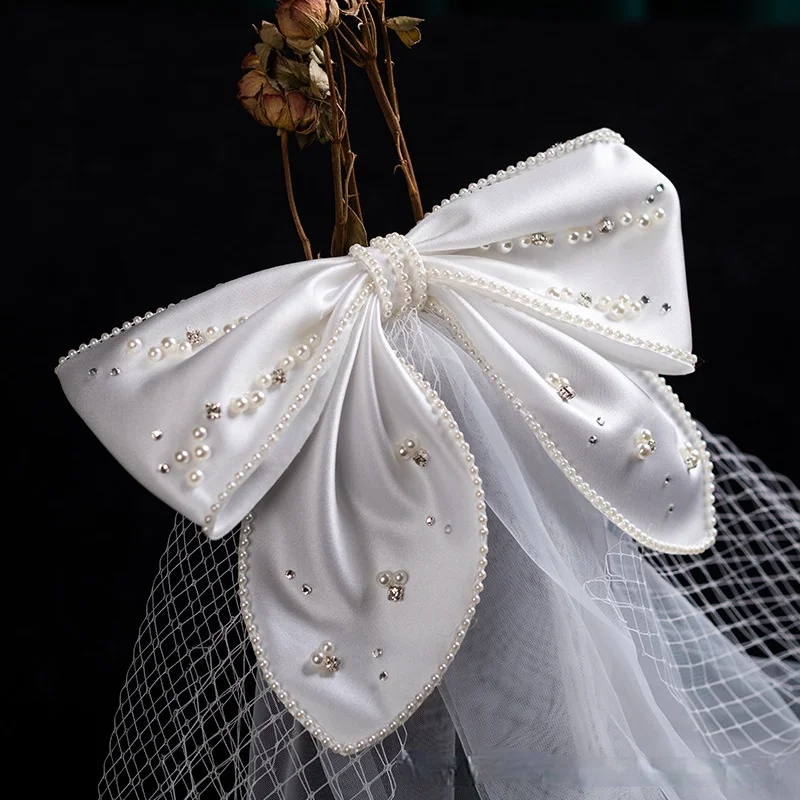 white satin bow Pearl veil bride hair accessories mesh soft short yarn wedding Hair accessories